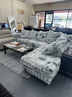 Gray Faux Fur Sectional Sofa with Chaise