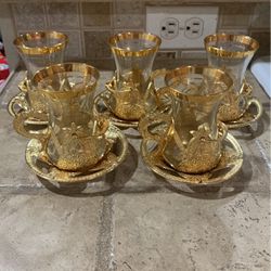 Glass Turkish Tea Cups Set of 5 and Saucers with Handle Arabic Decors 