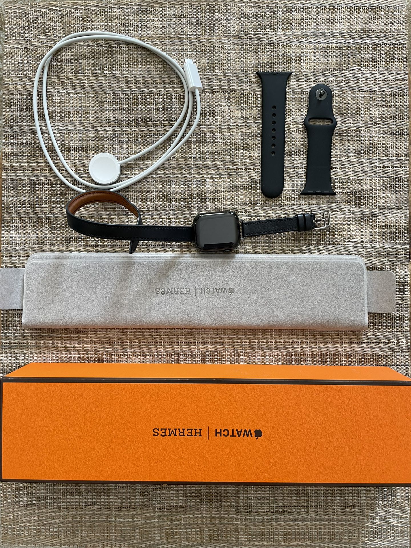 Apple Watch Hermes Series 7   41mm Space Black Stainless Steel Indigo Attelage Double Tour  w/ Hermes Sports Band