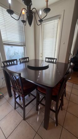 Dark Wood Counter Height Dining Set with Lazy Susan and 6 Chairs