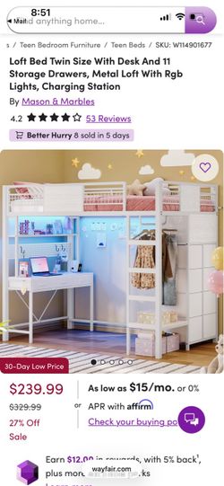Twin Metal Loft Bed with Desk and Storage Drawers