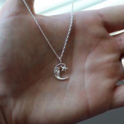 Sterling Silver Moon&Star Pendant on 18’ Sterling Silver 1.3mm Rope Chain 