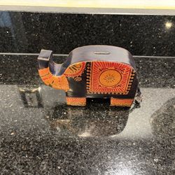 Vintage Unicef Leather Elephant Coin Bank Native Folk Art Trunk Up for Good Luck