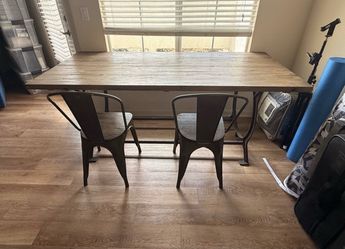 Industrial Wood Dining Table with 2 Metal Chairs