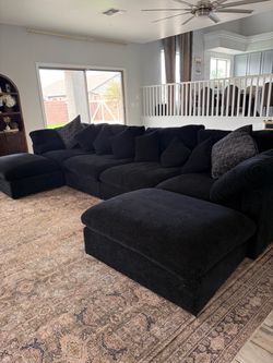 Large Black Fabric Sectional Sofa with Ottoman