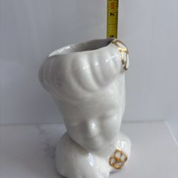 6” Tall Vintage Gold & White Collectible Ceramic Lady Head Vase. 
