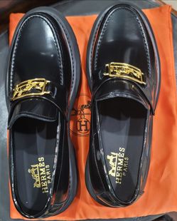 Hermes Men's Black Leather Loafer Shoes