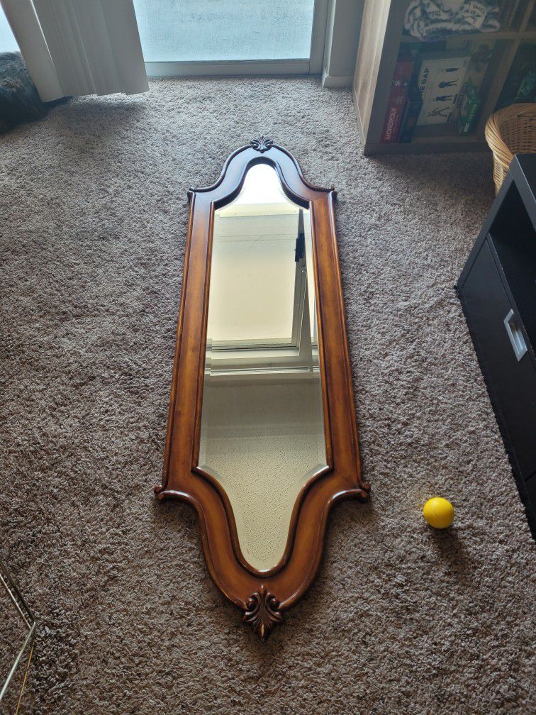 Large Beautiful Antique Solid Wood Beveled Mirror w/ pre-inserted metal hanging indents 53 x 13 in