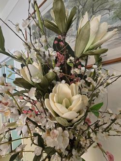 Premium Faux Magnolia & Cherry Blossom Arrangement with Ceramic green Vase