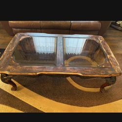 Antique Natural Wooden And Glass Coffe Tables X2