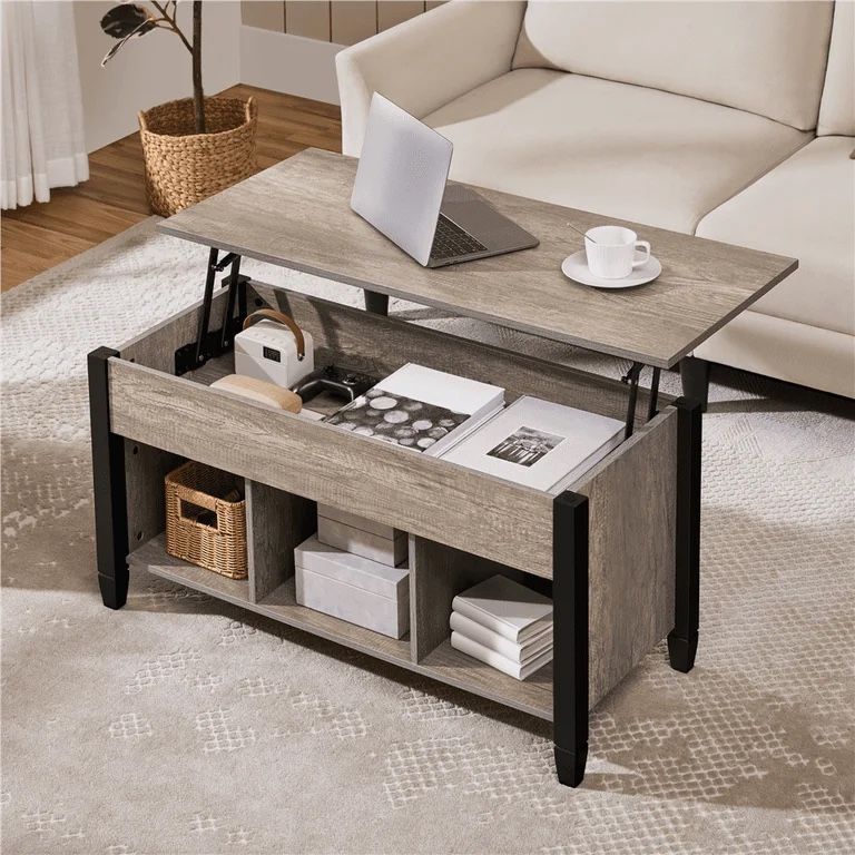Lift Top Coffee Table With Hidden Compartment & 3 Cube Open Shelves For Living Room