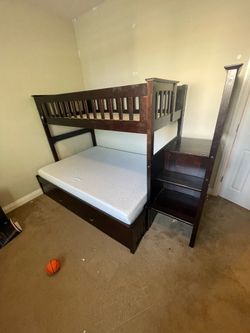 Dark Wood Queen Over Twin Bunk Bed with Storage Stairs + Trundle - Disassembled + Mattress Included (Alternative: Queen/Twin Bunk Bed w/ Staircase Dra