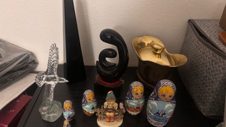 Vintage & Collectible Decor Lot - Crystal, Brass, Matryoshka Dolls & Figurines