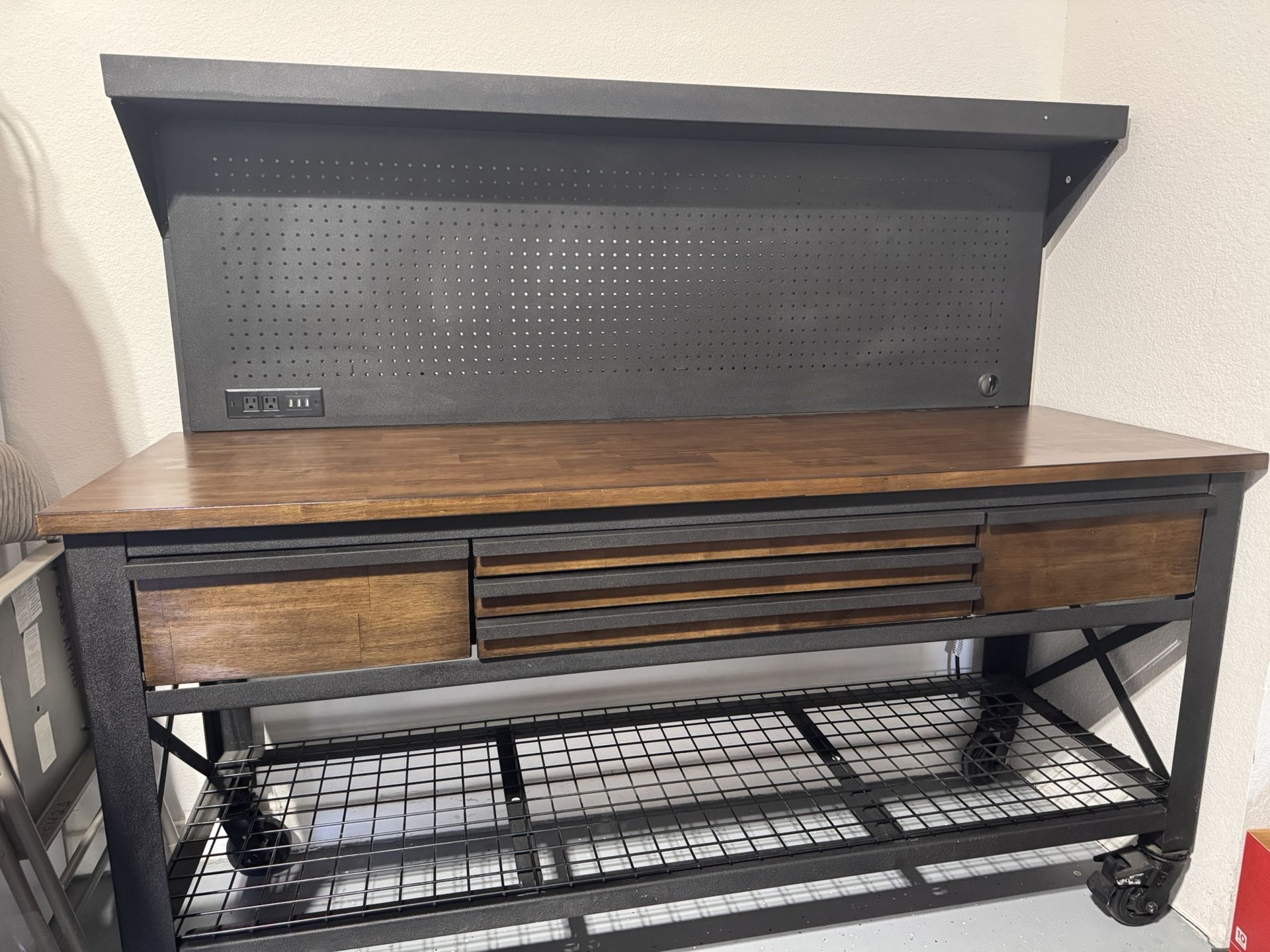 Whalen Industrial Metal and Wood Workbench with Pegboard Panel