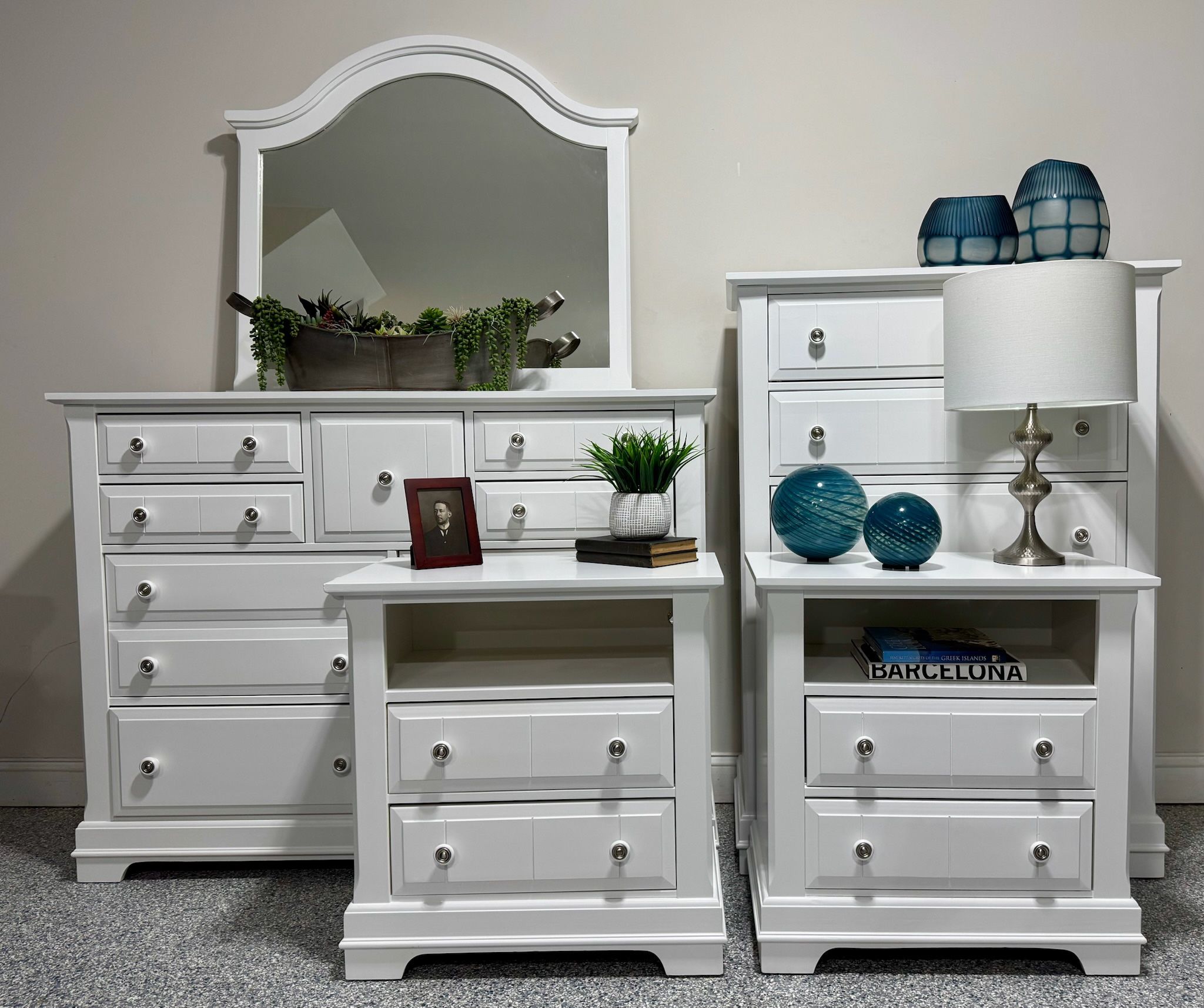 Solid Wood Matching Dressers, Mirror, and Nightstands with Charging Outlets