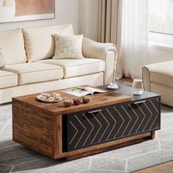 Coffee Table, 42"-65" Length Adjustable Reversible Wood Table with 2 Storage Drawers for Living Room, Rectangular Dual-Tone Center Table (Brown & Blac