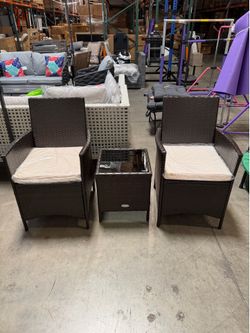 New 3-Piece Plastic Wicker Patio Conversation Set with White Cushions