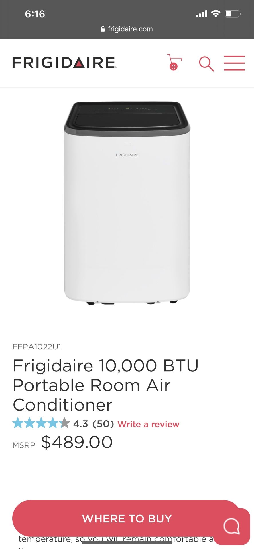 FRIGIDAIRE Portable Air Conditioner (A/C) - 10,000 BTU, White - Like New