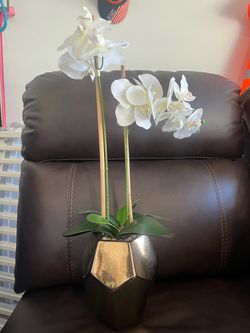 Faux White Orchid in Gold Geometric Pot