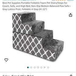 BRAND NEW Dog or Cat Stairs In Gray Lattice Print  22”H 28”L 16”W