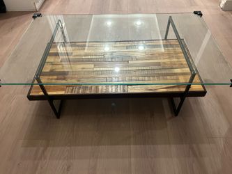 Coffee Table with Metal Frame, and Reclaimed Wood, Glass Top