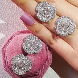 Exquisite Paved 14K White Gold Plated Cubic Zirconia Baguette Floral Earrings 