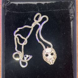 14k Gold Plated Chain with Gold and I3 Diamond Hockey Mask Pendant 