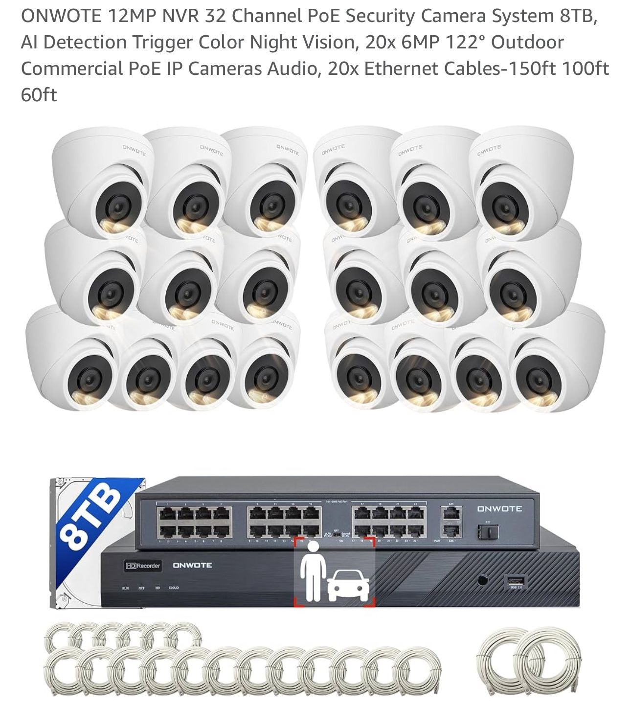 ONWOTE 12MP NVR 32 Channel PoE Security Camera System 8TB, AI Detection  Trigger Color Night Vision,