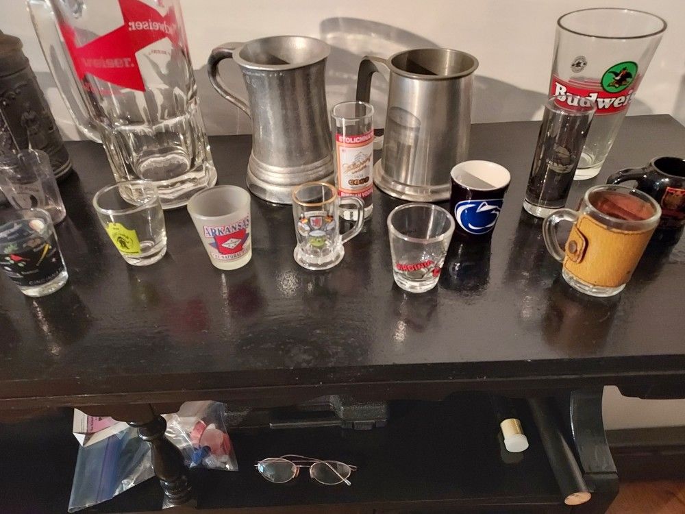 Various Shot Glasses, Steins And Bar Glasses
