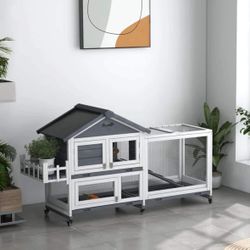 65" Wooden Rabbit Hutch, Guinea Pig Hutch, Pet Playpen With Openable Roof, Bunny House Enclosure With Wheels, Storage Box, Slide-Out Tray, Ramp For Sm