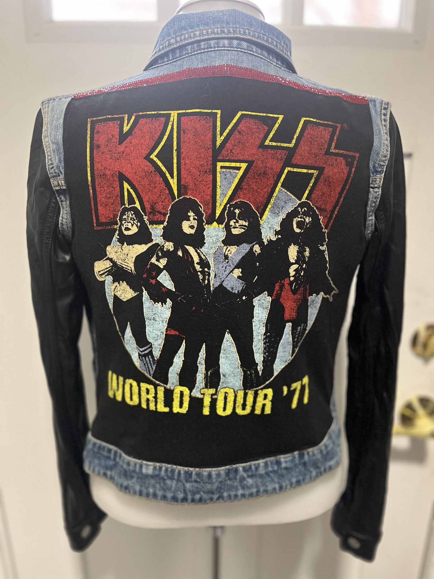 Talula Denim Jacket -size extra small, leatherette/vinyl black sleeves, KISS World Tour 1977 concert Tee with Red rhinestone embellishment