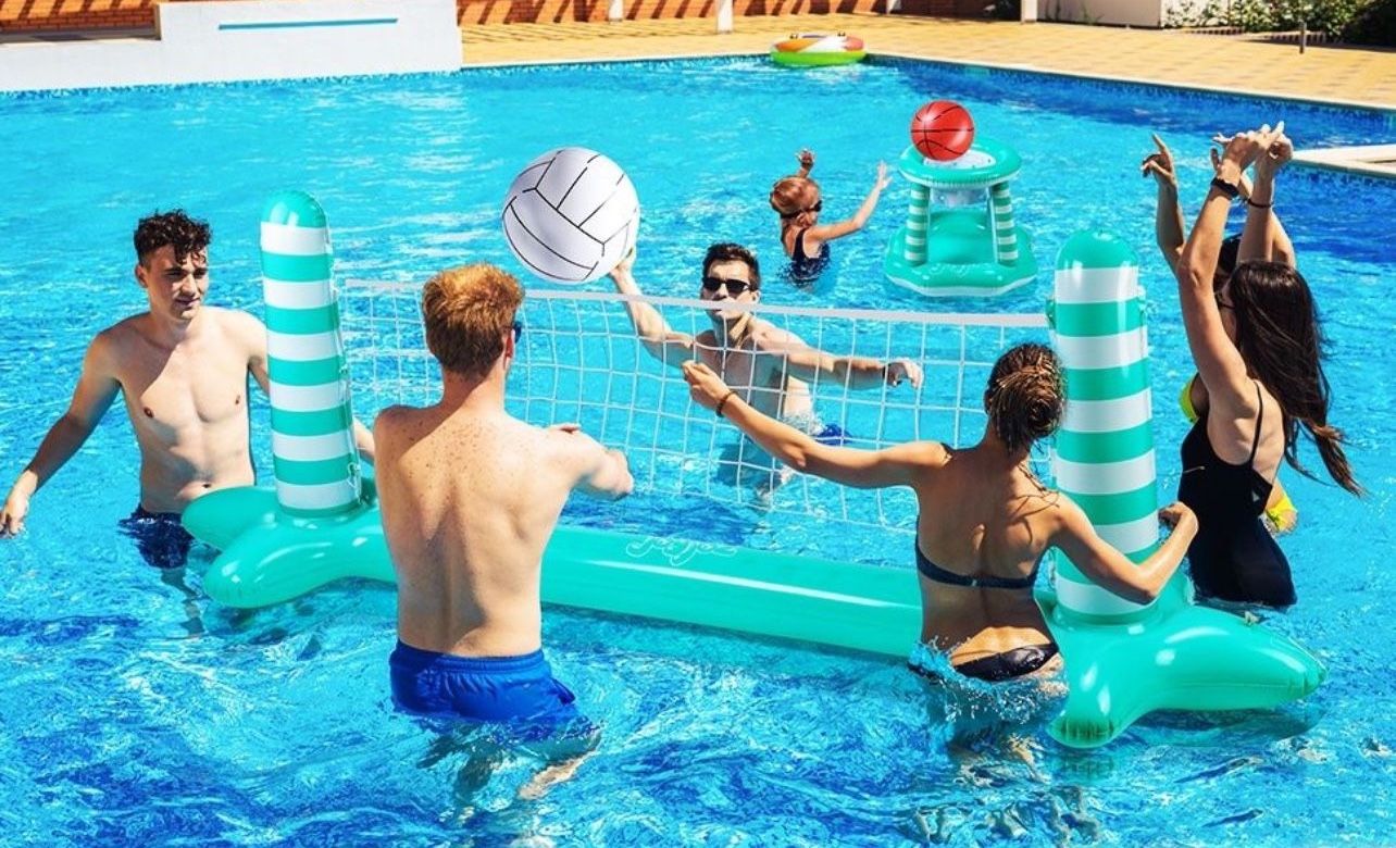 Joyjoz Inflatable Pool Float Set, Pool Volleyball Set Include Volleyball Rack, Volleyball, Basketball Hoop and Ball, Floating Swimming Pool Toy Pool G
