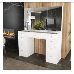 Makeup Vanity Desk with 2 Mirror Cabinet Doors, Crystal Knobs, 9 Drawers, Hidden Storage, Glass Top – Large Vanity Table for Bedroom, Dressing Table