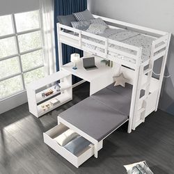 WHITE TWIN OVER TWIN BUNKBED LOFT BED ALL IN ONE WORKSTATION DESK USB BOOKCASE BENCH STORAGE POWER OUTLETS
