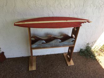 Solid wood hand crafted surf board side table with storage area underneath