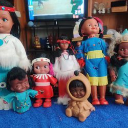 Lot of 7- Native Indian Dolls & Baby Eskimo 