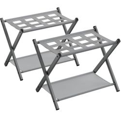 Luggage Racks for Guest Room, Set of 2, Suitcase Stand with Fabric Storage Shelf, Foldable for Space-Saving Storage, Steel Frame, Hotel, Bedroom, Dove
