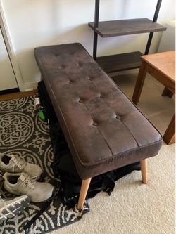 Leather Top Bench 48" End of Bed / Entryway Real Leather, Wood Legs-$70 (Irvine)