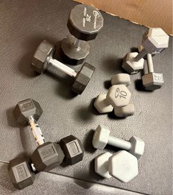 Dumbbells Set: 25s, 20s, 15s, 12s and 10s.  That is 164 pounds