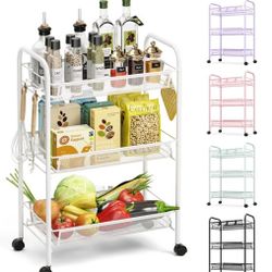 TOOLF 3-Tier Metal Rolling Cart, Mesh Wire Easy Assemble Utility Cart, Storage Trolley on Wheels with 3 Hooks, MetalStorage Shelving Units for Kitchen