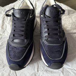 BRAND NEW 🔥 Versace Men's Blue Logo Embroidery Suede Leather Sneakers Shoes 