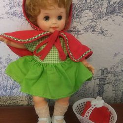 Antique 1960s Little Red Riding Hood Baby Doll 11" w/Basket