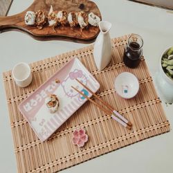 Sanrio Hello Kitty Pink 3-Piece Ceramic Sushi Set With Sauce Bowl and Chopsticks