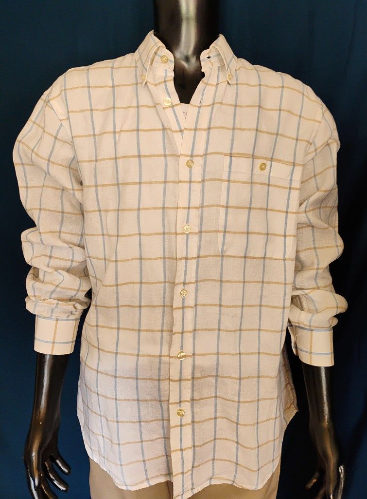 Orvis Button Down Shirt Men L White Blue Tan Plaid Long Sleeve 100% Linen

