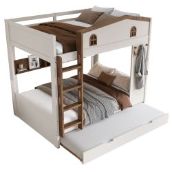 Full over Full Bunk Bed with Trundle and Storage Shelves, Solid Wood Bunk Beds with hooks, No Box Spring Needed, Beige&Natural
