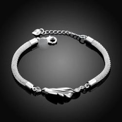 NEW 8'' Chain Adjustable Feather Women Bracelet SP 925 Sterling Silver Jewelry