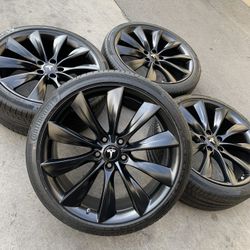 21” Tesla Model S Turbine Factory Oem Wheels Satin Black Rims Continental Tires