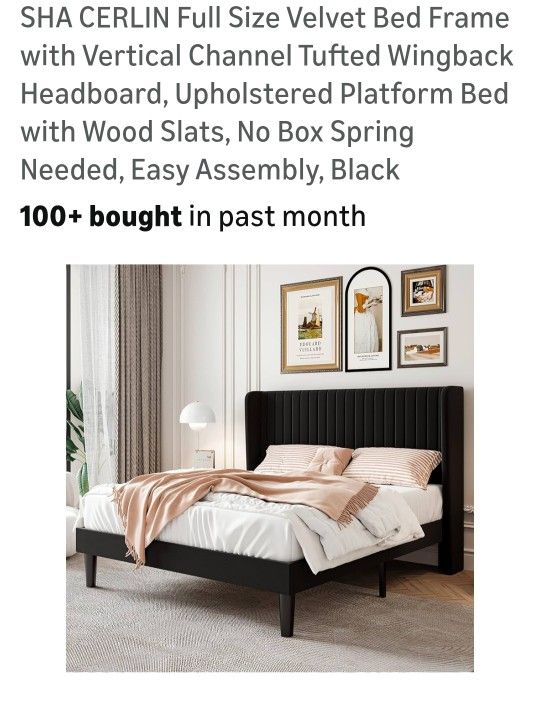 Full SIZE VELVET BED FRAME With Vertical Channel Tufted Wingback Headboard ,Upholstered Platform Bed With Wood Slats, No BOX SPRING NEEDED Black