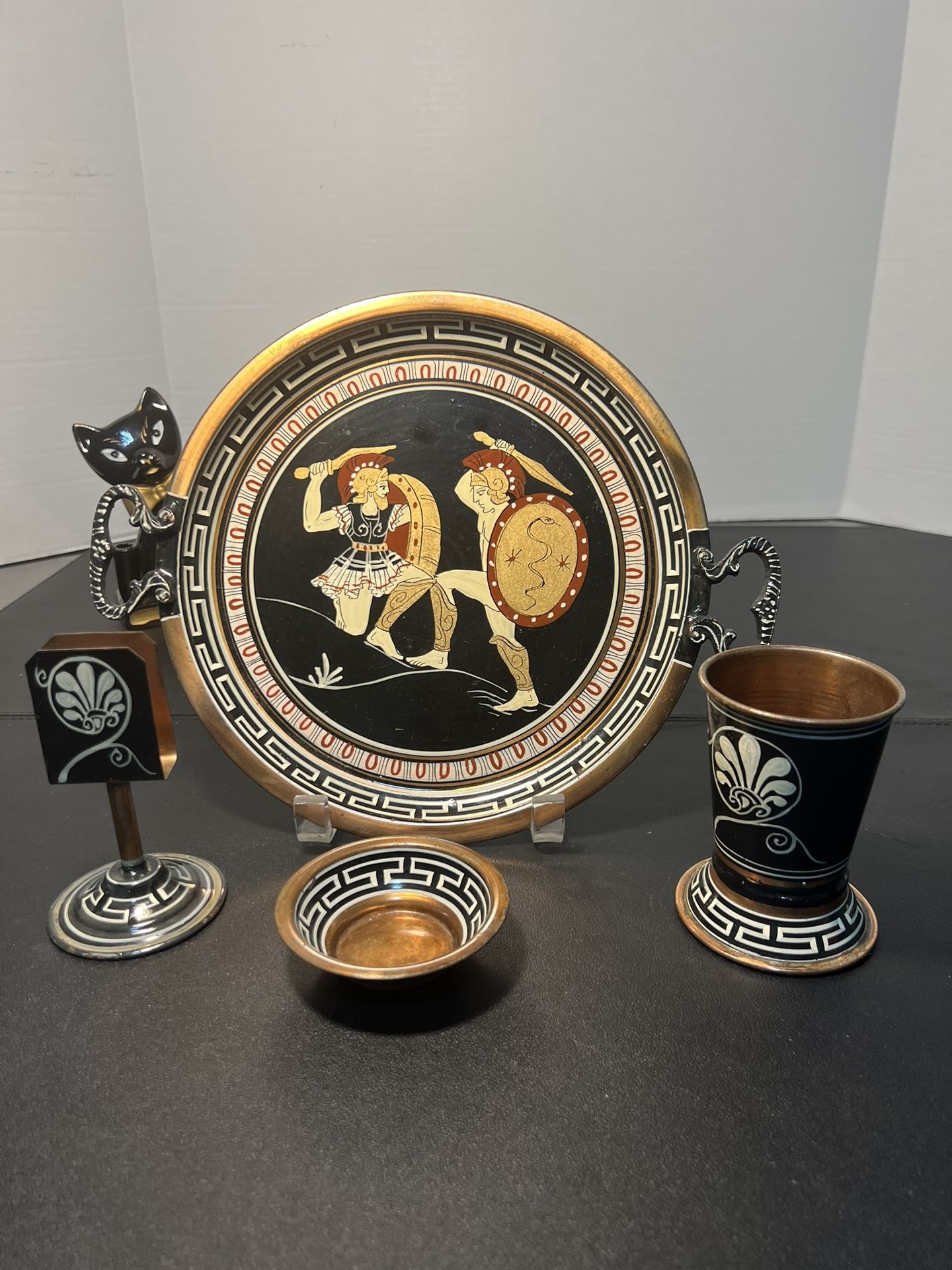 Greek Revival 1950s Copper Enamel Barware Set Tray Cup Dish Napkin Holder