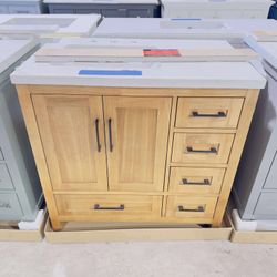 Brand New Beautiful Bathroom Vanity “36” single sink, Soft Close Solid Wood in Natural Teak Color, 5 drawers and 2 doors and modern handles